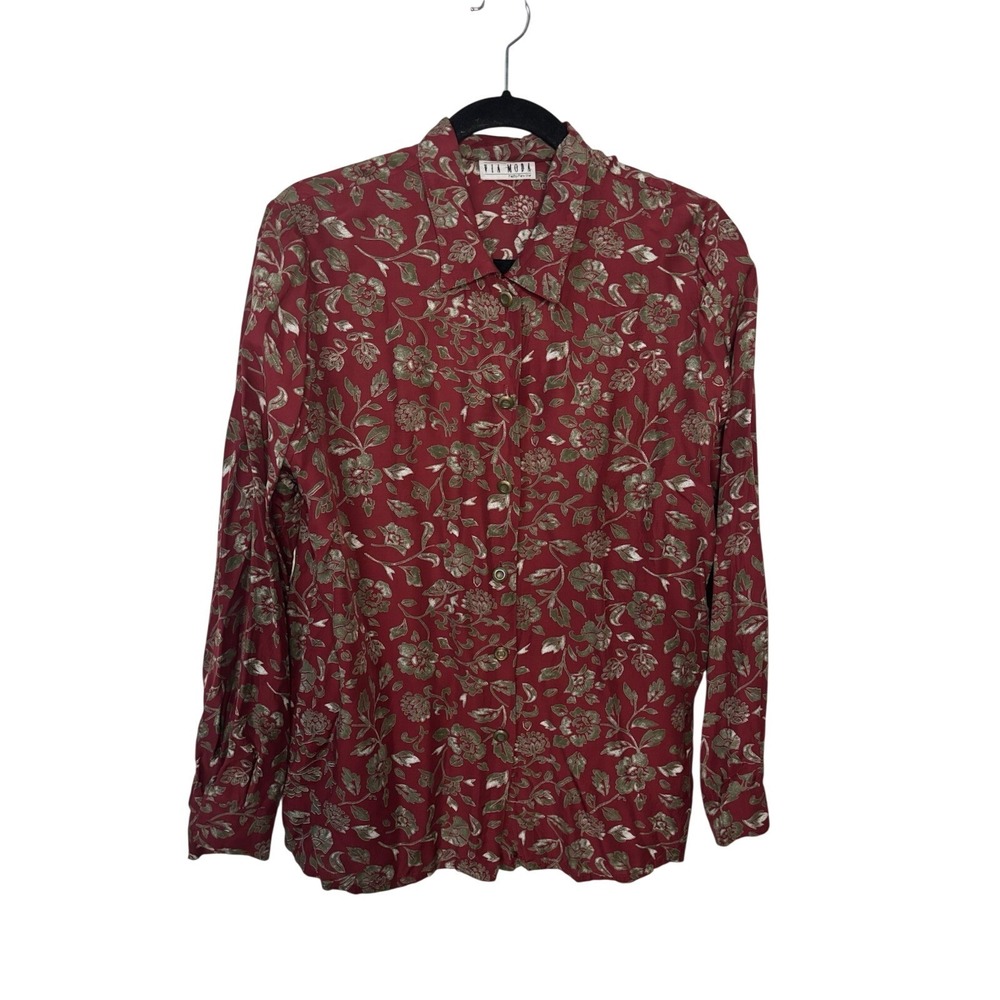 Vintage Via Moda Rayon Floral Blouse‎ Womens Red 80s 90s Paris Star Boho